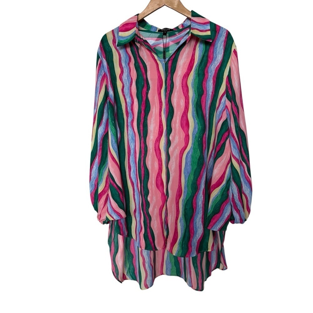 Beulah Women's Multicolor Striped Tunic Dress O/S 3/4 Sleeve Silk Blend Casual - Picture 2 of 9